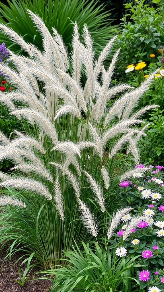 A garden featuring ornamental grasses and colorful flowers, showcasing a blend of textures and colors.