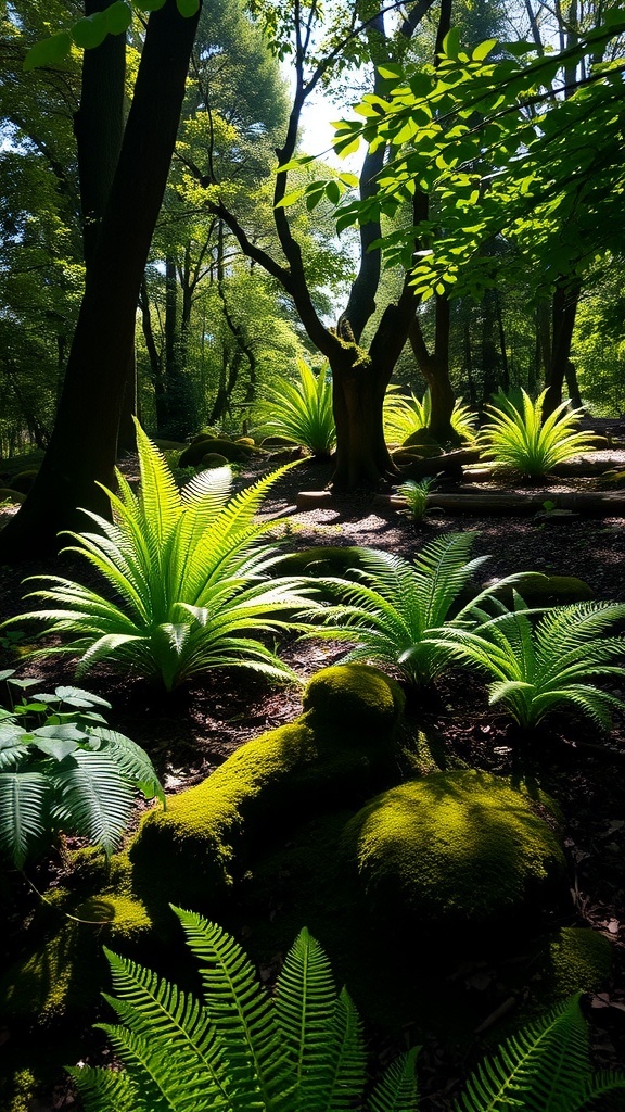 A serene woodland scene with lush greenery, mossy patches, and ferns under a canopy of trees.
