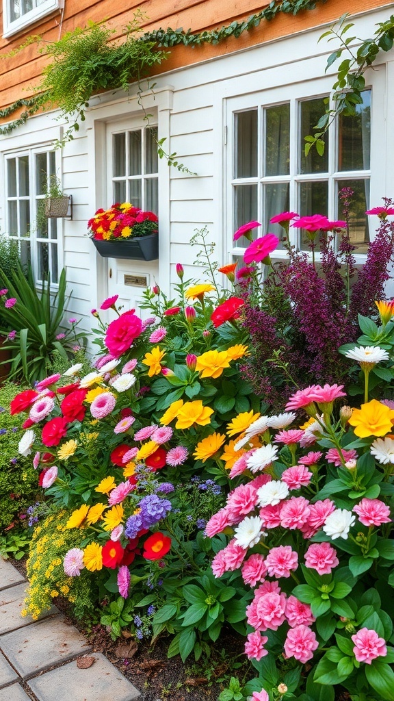 A colorful cottage style flower bed with various flowers in front of a house.