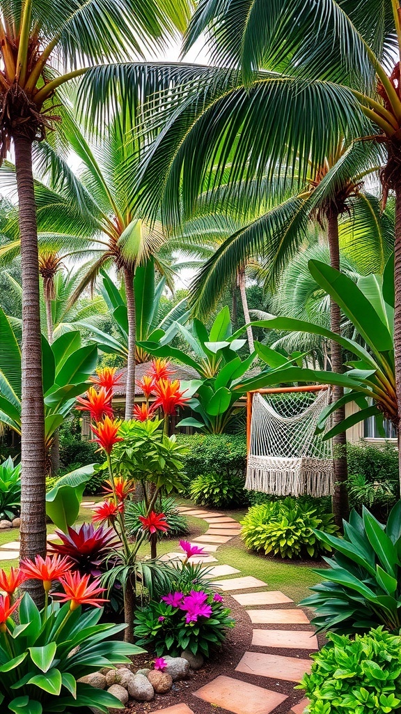 A tropical garden featuring palm trees, colorful flowers, and a hammock.