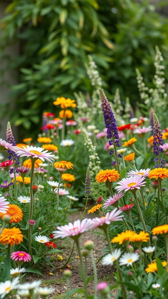 A colorful flower garden with daisies, marigolds, and other blooms, creating a peaceful atmosphere.