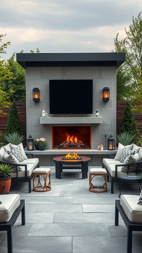 A modern outdoor fireplace with seating and decorative plants.