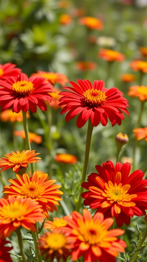 Vivid red and orange Gaillardia flowers blooming in a garden