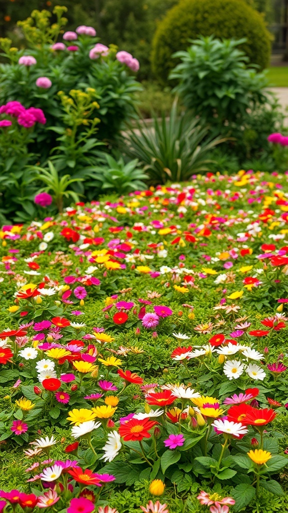 A colorful display of flowering ground covers in a garden, featuring a mix of pink, red, yellow, and white flowers.