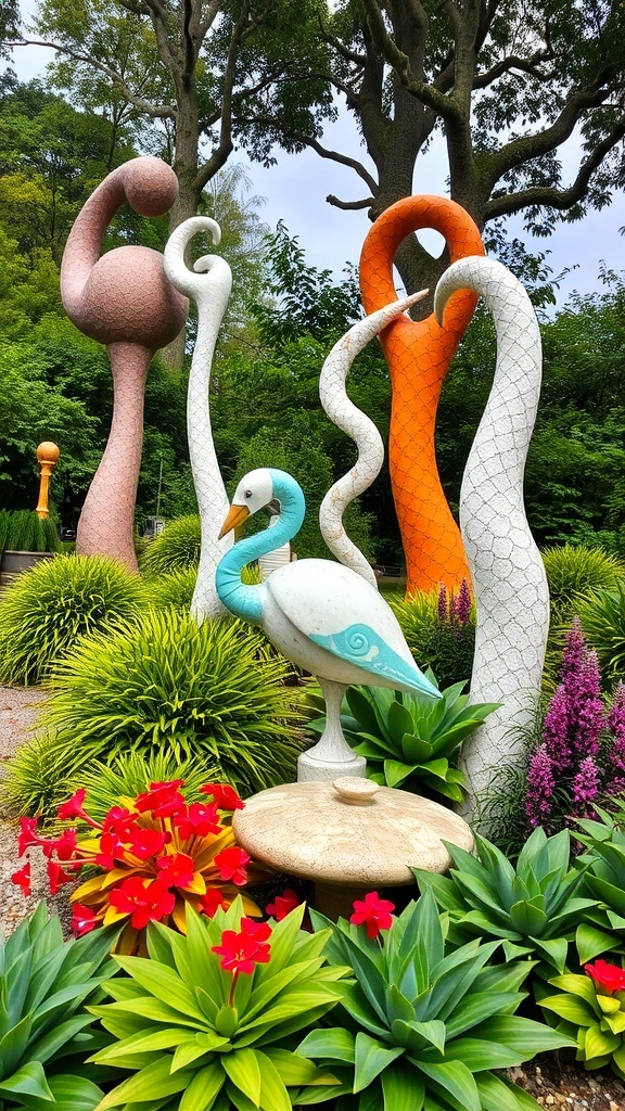 A vibrant outdoor space featuring various sculptures, including human figures and playful animals, surrounded by colorful plants and large letters spelling 'SHAVE'.