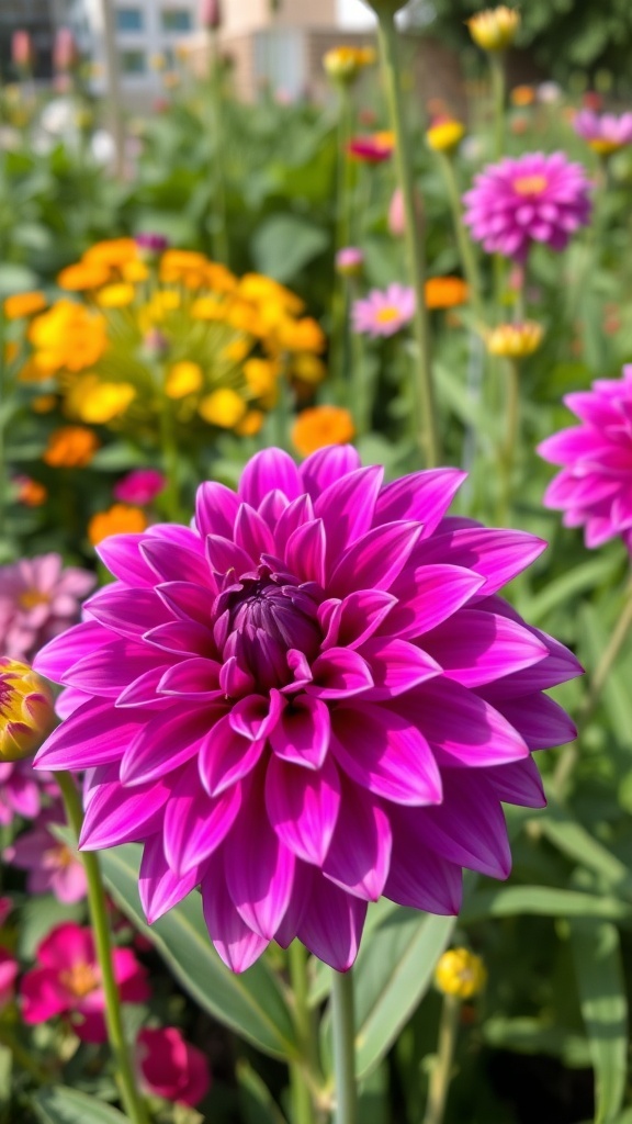 A vibrant purple dahlia flower in a garden with colorful blooms in the background.