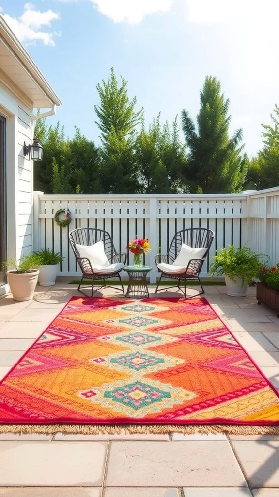 A vibrant outdoor rug on a patio with two chairs and potted plants