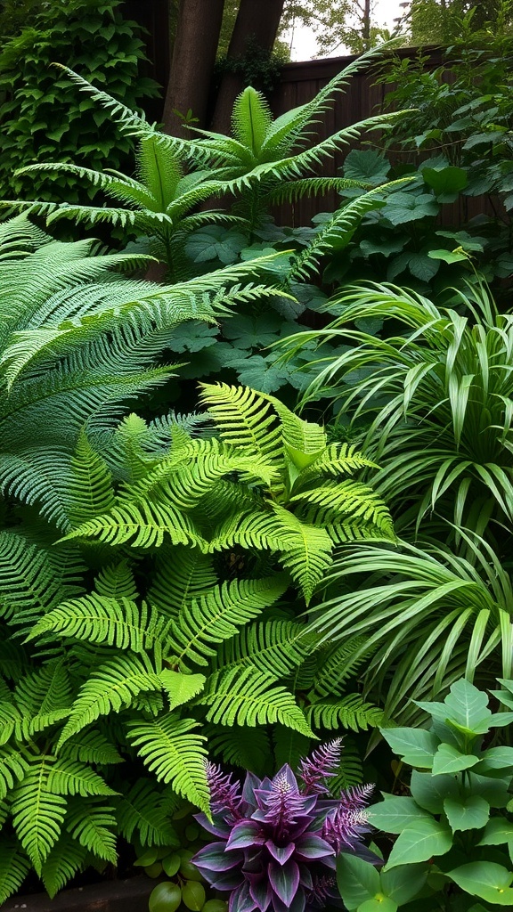 A lush shade garden featuring various ferns and plants with vibrant green and purple foliage.