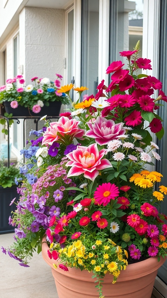 A vibrant container garden filled with colorful flowers in a terracotta pot, showcasing a mix of pink, yellow, and purple blooms.