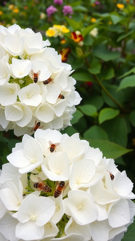 Close-up of snowy white hydrangeas with bees on the flowers