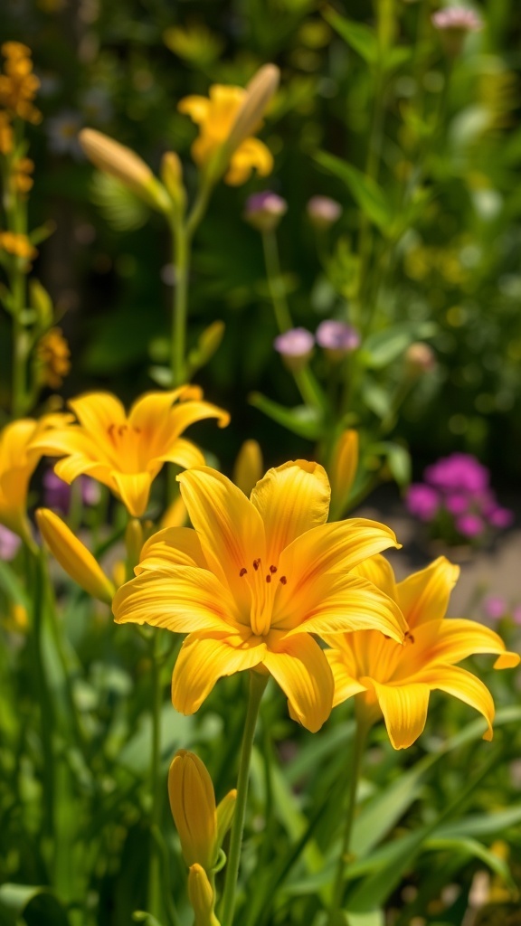 Bright yellow daylilies blooming in a garden