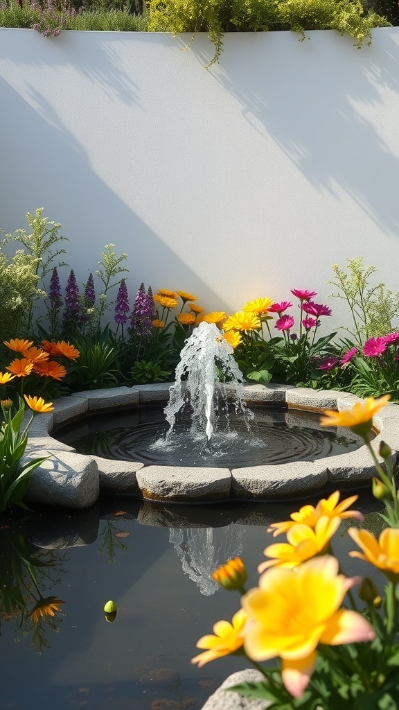 A small fountain surrounded by colorful flowers in a garden