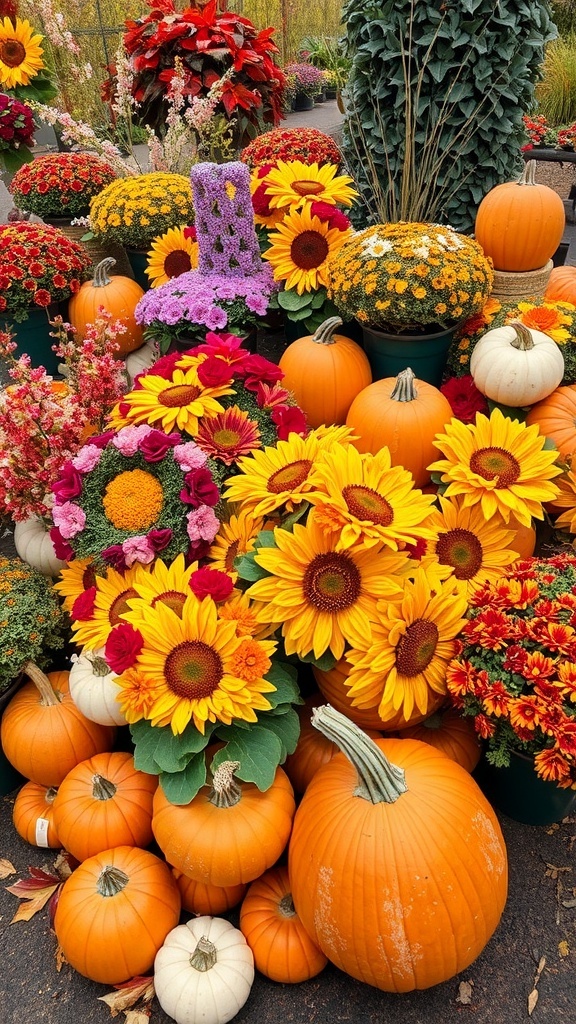 Colorful seasonal flower display with pumpkins in a backyard setting