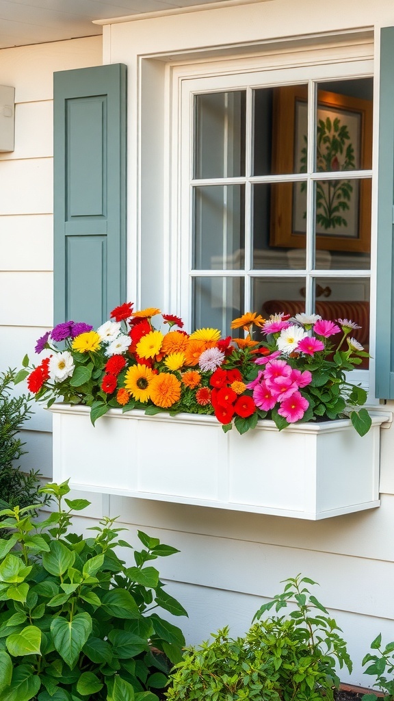 A colorful window box filled with various flowering plants, including gerbera daisies and petunias, set against a white wall with blue shutters.