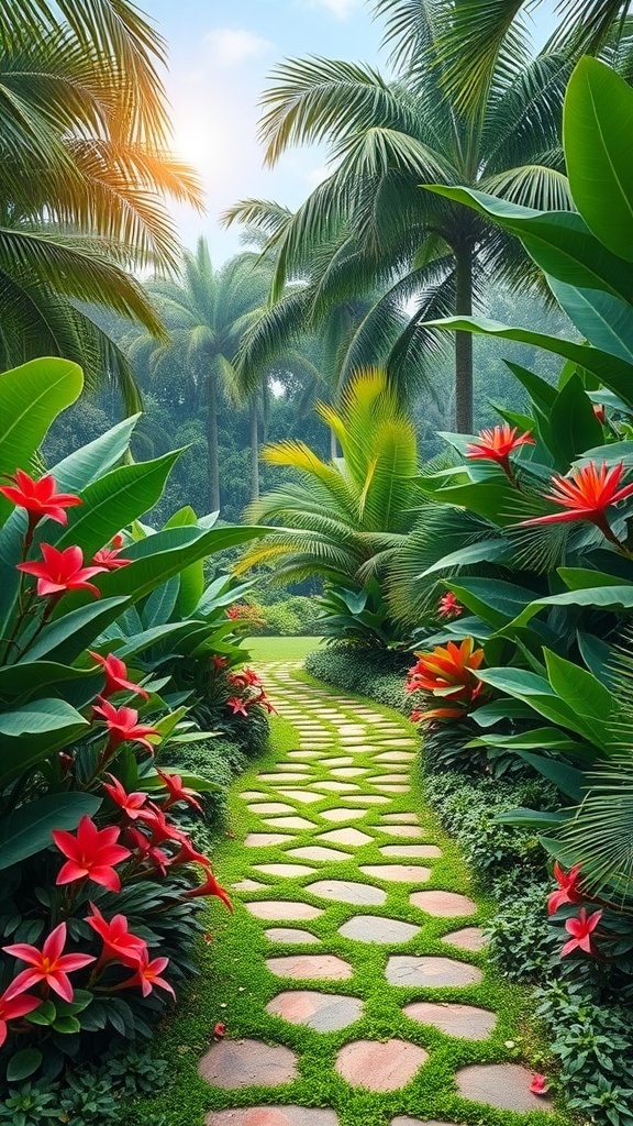 A winding stone pathway surrounded by lush tropical plants and vibrant red flowers.