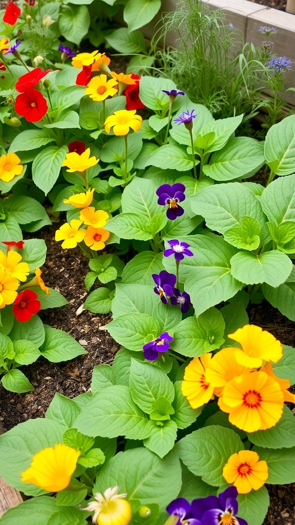 A colorful flower garden featuring pansies and marigolds among green leaves.