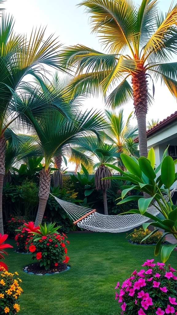 A tropical backyard landscape featuring palm trees, colorful flowers, a stone path, and a hammock.