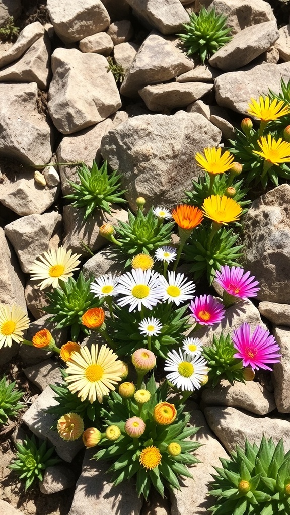 Colorful stonecrop flowers in various shades growing among rocks
