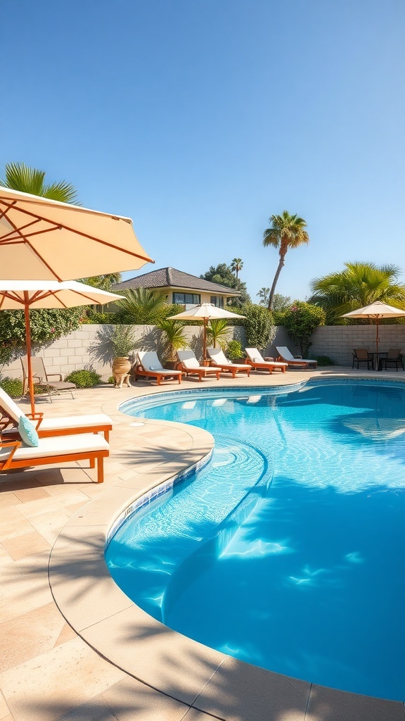 A beautiful poolside area with lounge chairs and umbrellas surrounded by palm trees.