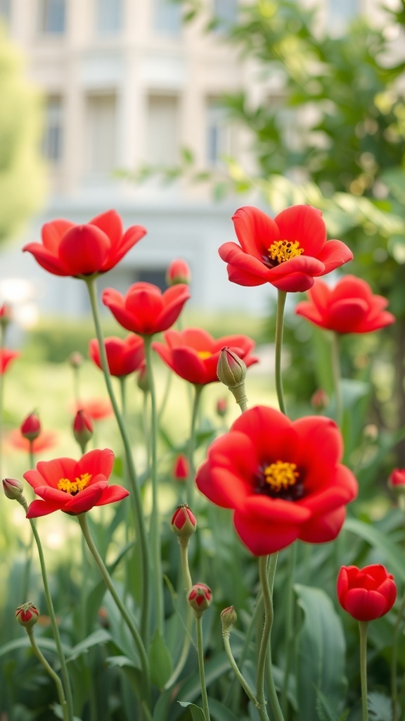A cluster of vibrant red balloon flowers in a garden setting.