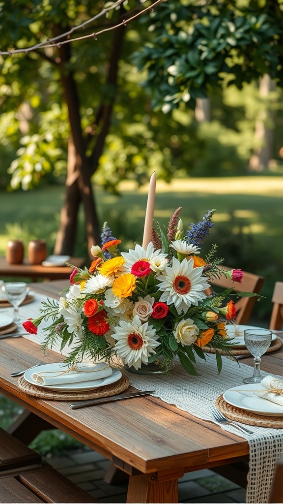 A beautifully arranged floral centerpiece on an outdoor table, featuring sunflowers, roses, and wildflowers.