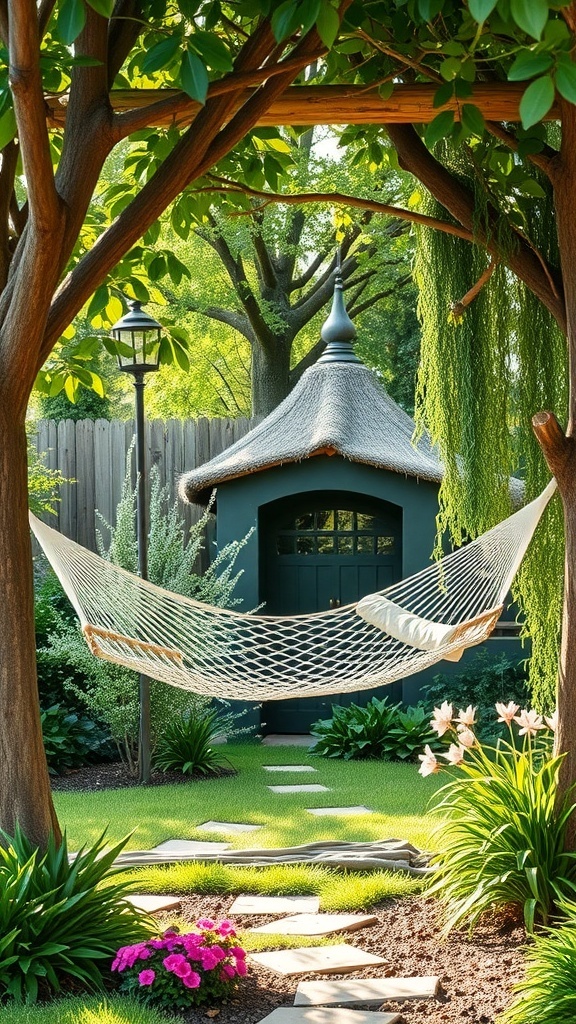 A hammock suspended between trees in a garden, surrounded by flowers and greenery.