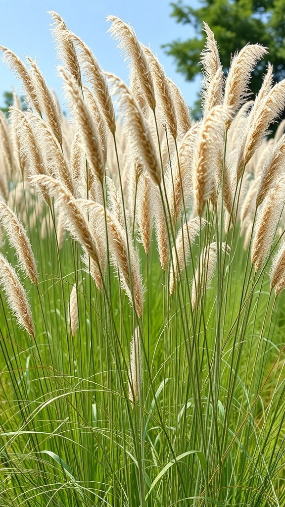 Ornamental grasses with fluffy plumes swaying in the wind under a clear blue sky.