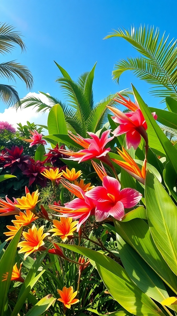 Vibrant tropical flowers with pink and orange blooms against lush green foliage and a blue sky.