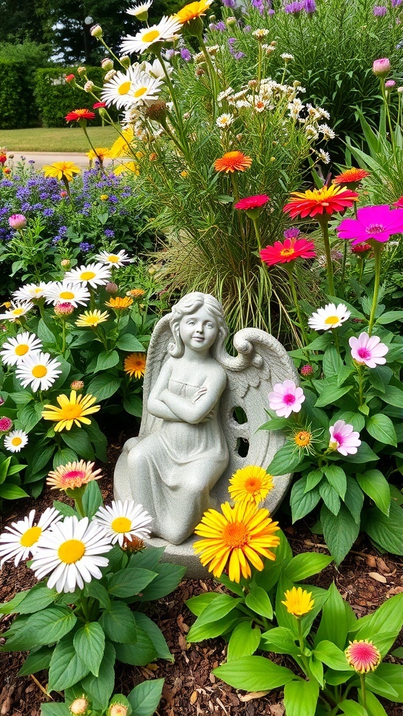 A charming angel statue surrounded by colorful flowers in a garden.