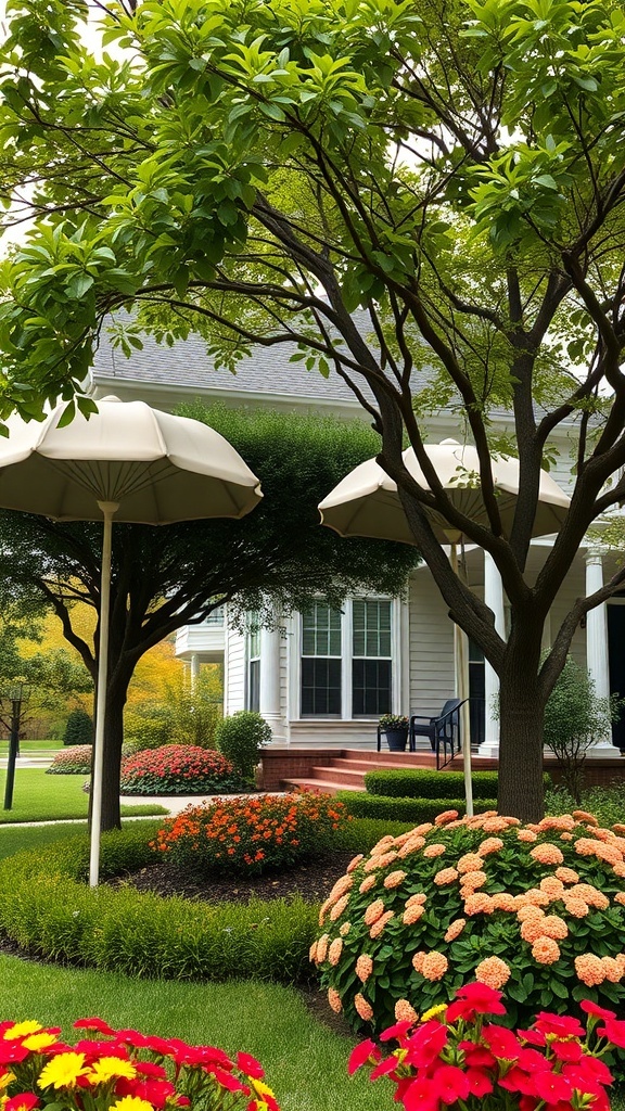 A front yard with colorful umbrella trees and vibrant flowers