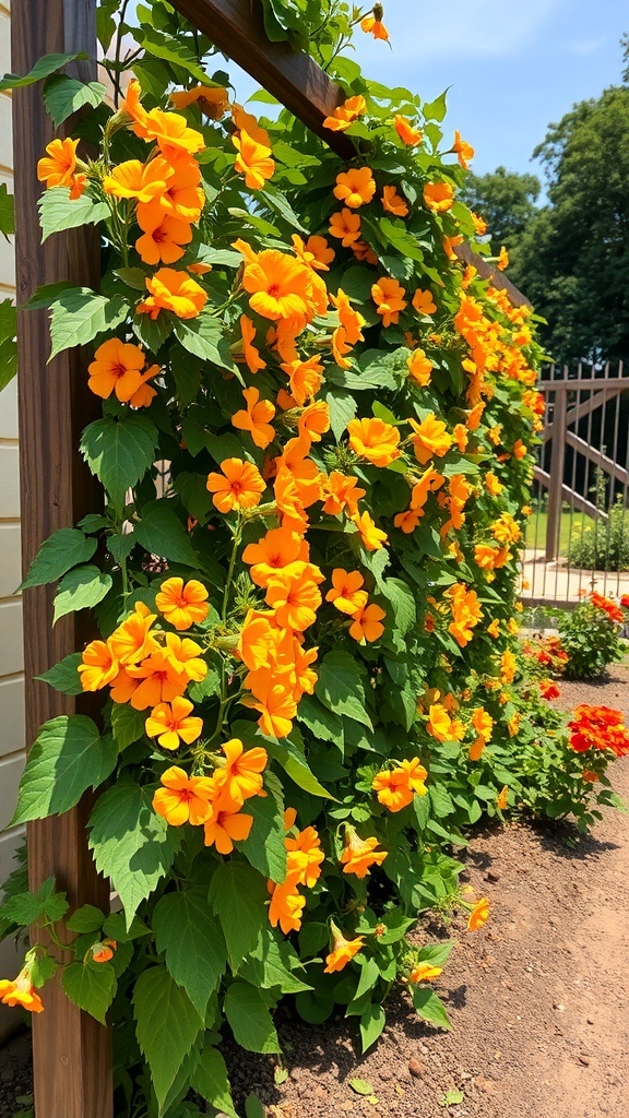 A vibrant display of orange nasturtiums climbing a trellis in a sunny garden.
