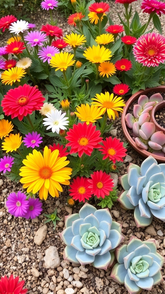 A colorful flower garden featuring a mix of vibrant flowers and succulents.