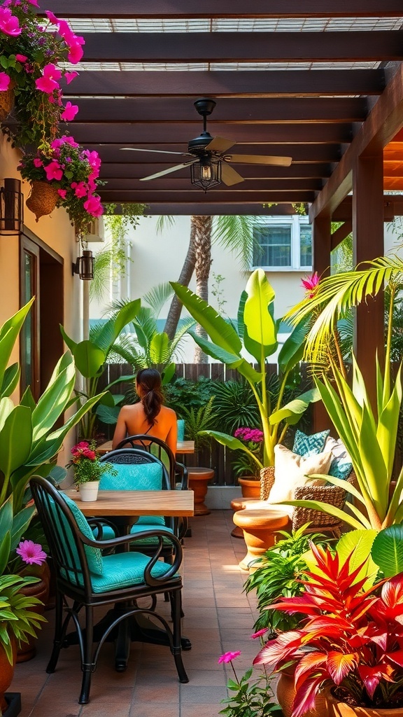Cozy tropical outdoor seating area with plants and flowers