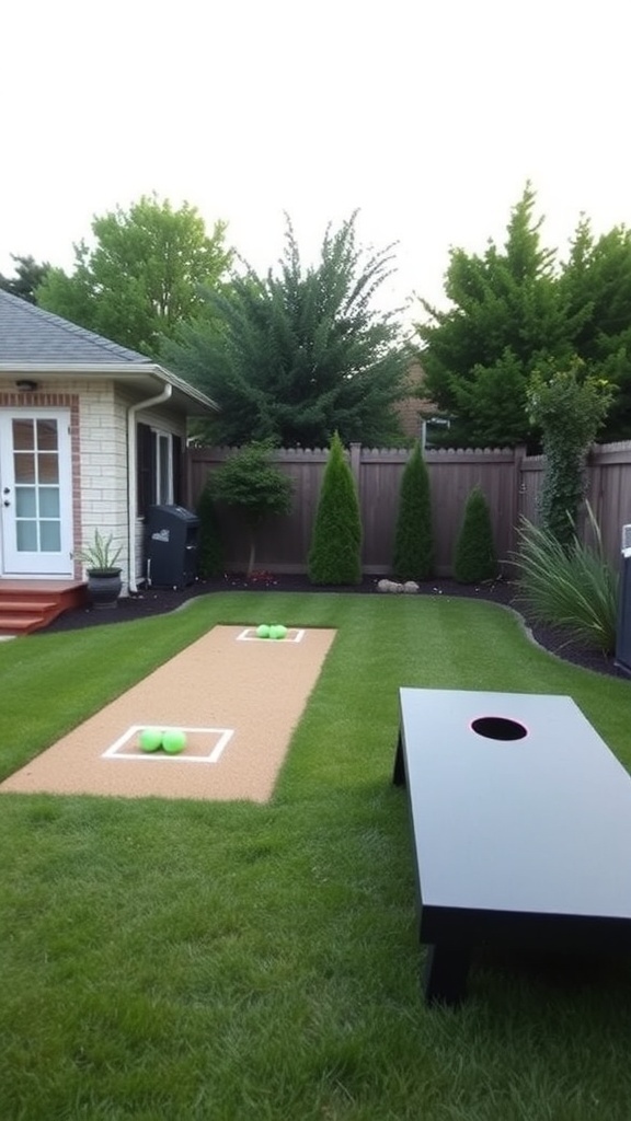 A backyard game area with a green lawn, marked game zones, and colorful balls.