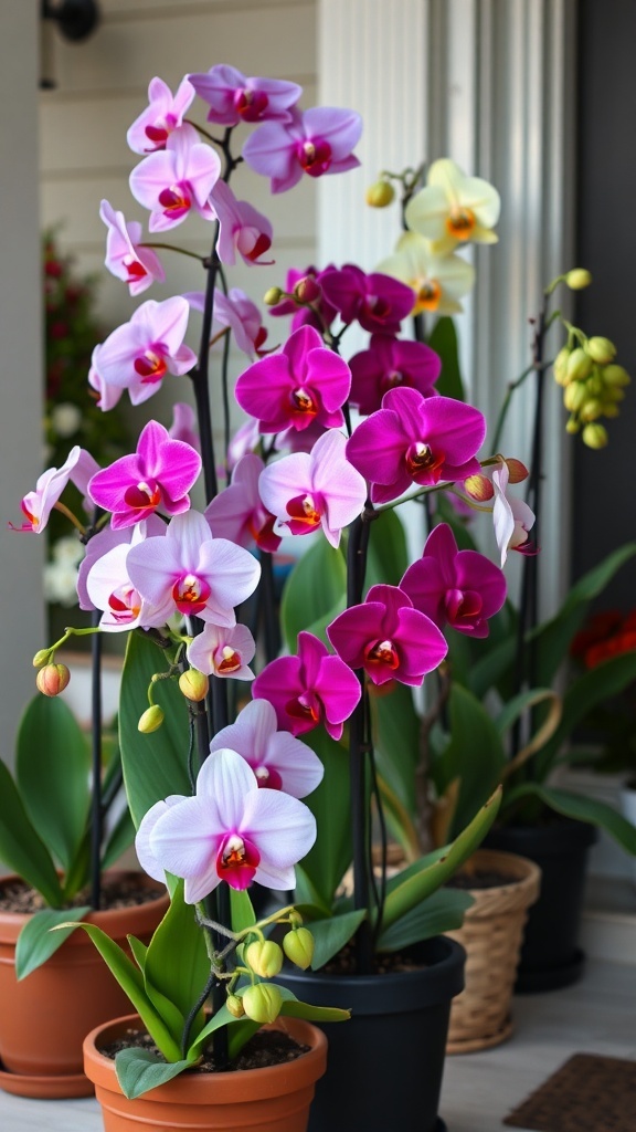 A vibrant display of orchids in various colors, including pink and white, in decorative pots.