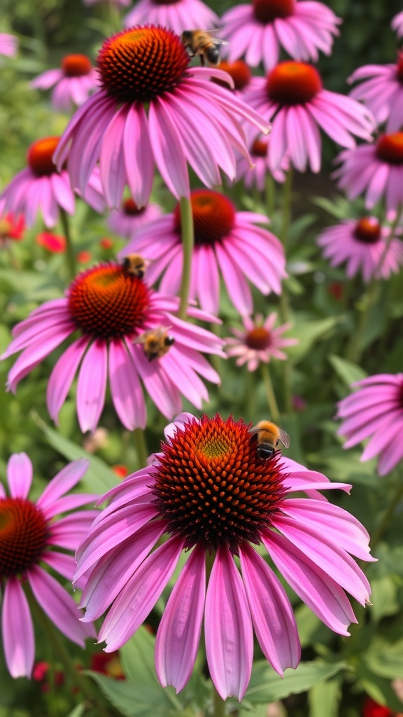 Purple coneflowers in bloom with bees around them