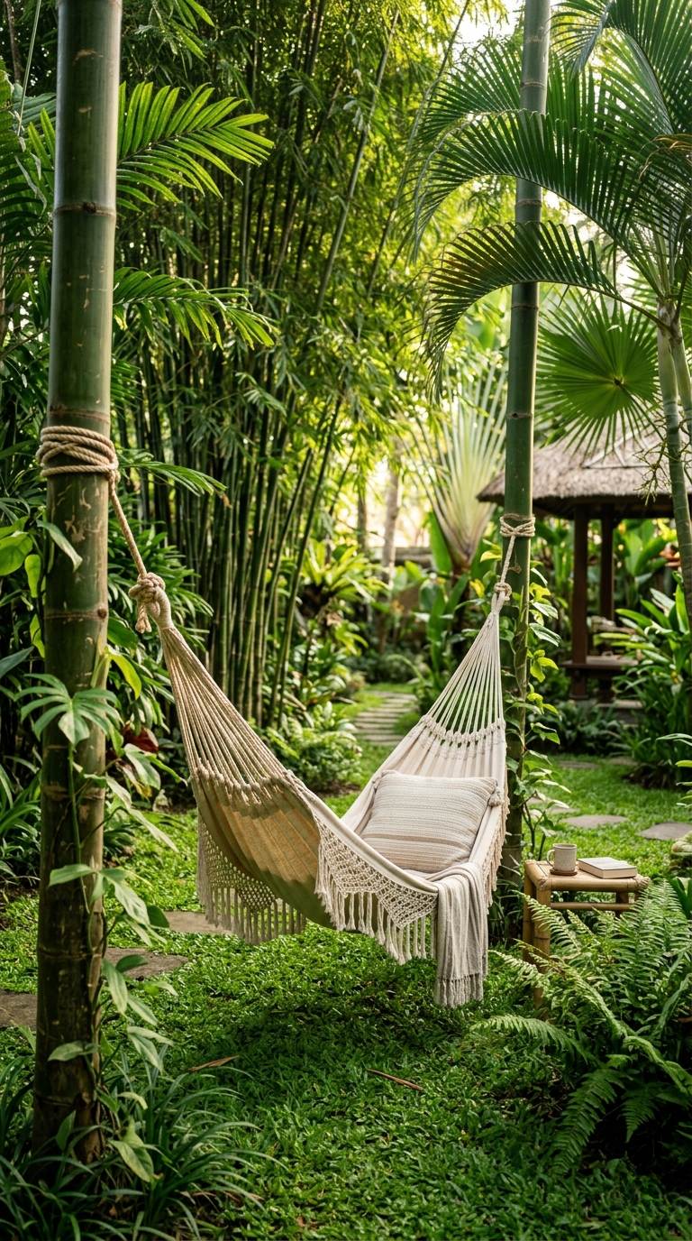 A cozy hammock hanging between bamboo poles in a lush tropical garden