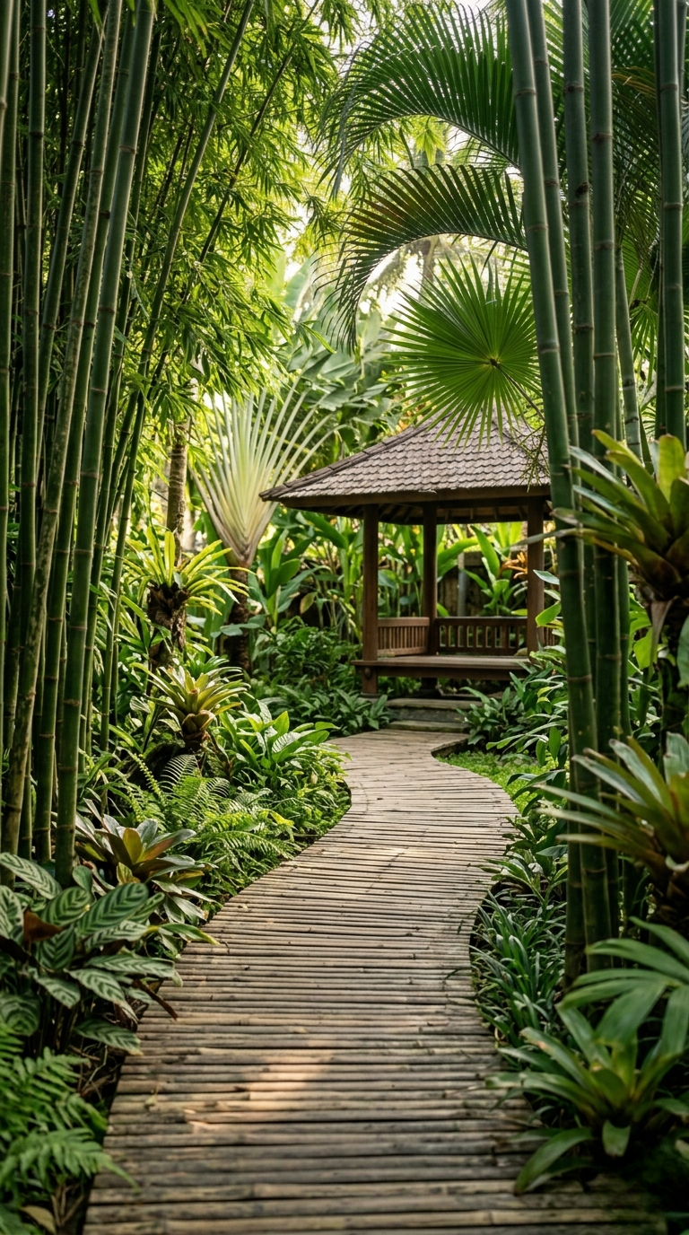 Bamboo garden path with tropical plants and wooden walkway