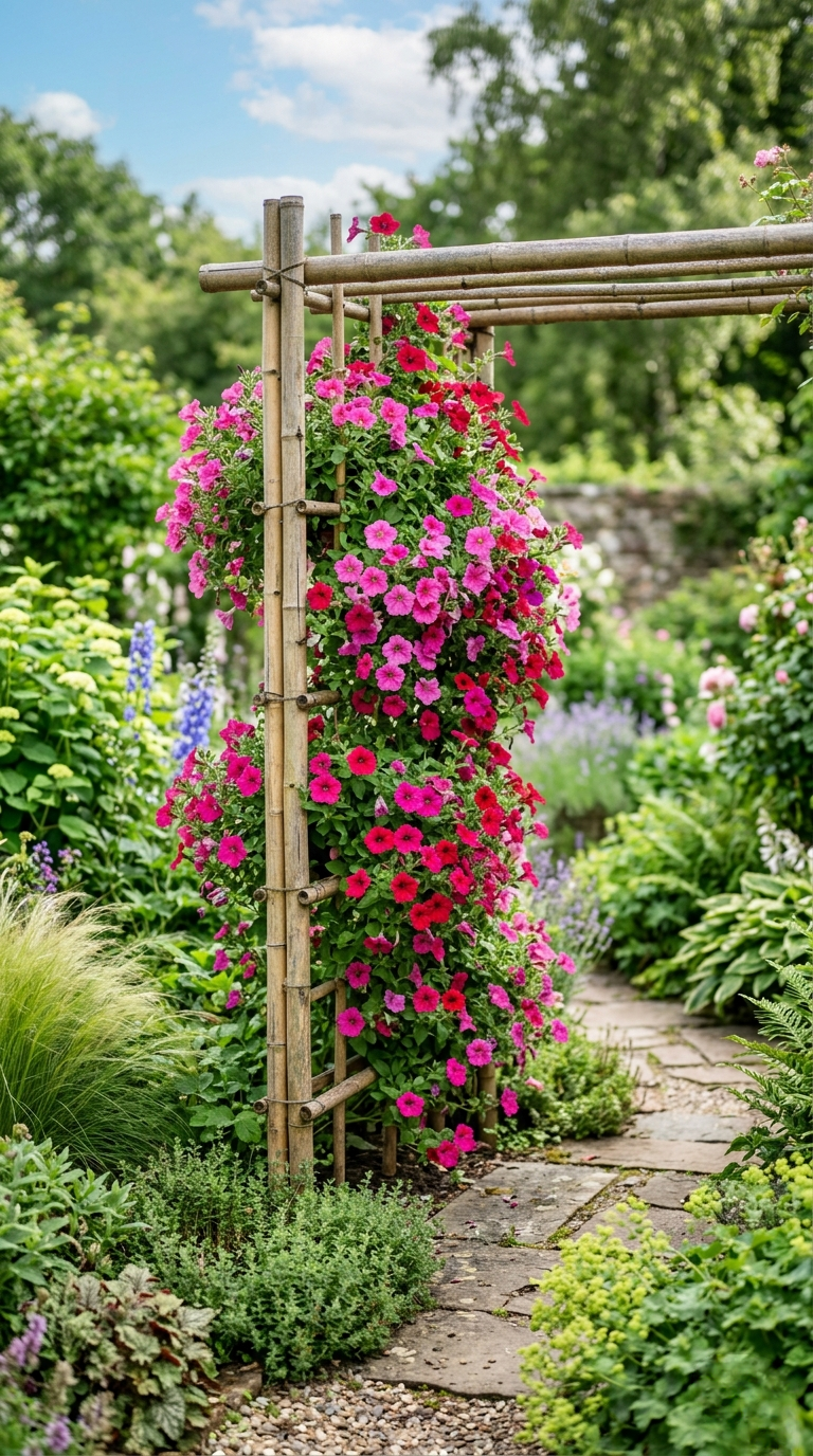 Bamboo garden trellis covered with vibrant pink and magenta petunias, surrounded by lush green plants in a peaceful outdoor garden.