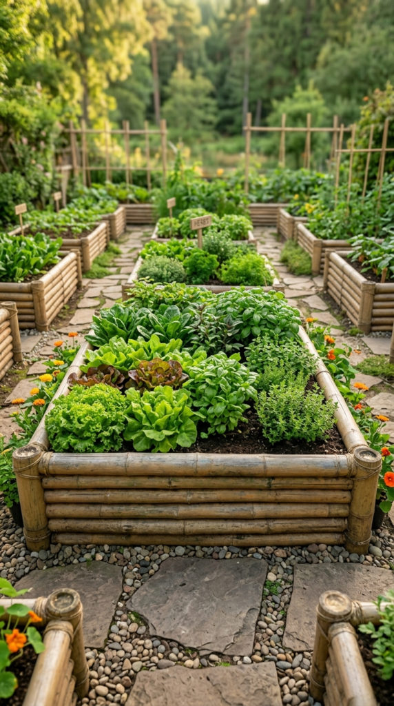 Bamboo raised planting beds filled with fresh vegetables like lettuce and herbs in a lush, eco-friendly garden with natural sunlight and a peaceful atmosphere.