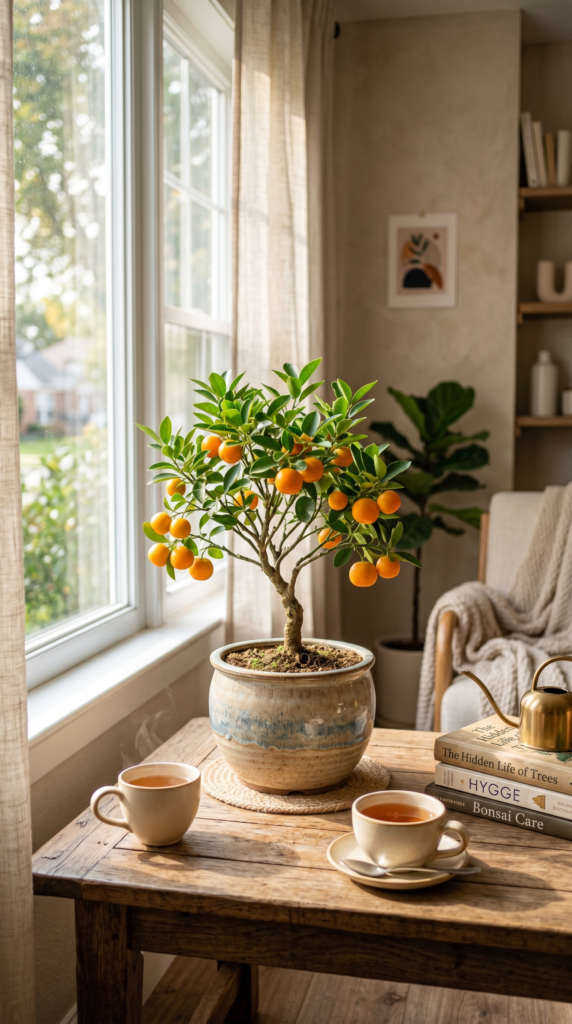 A bonsai fruit tree with orange fruits placed by a window