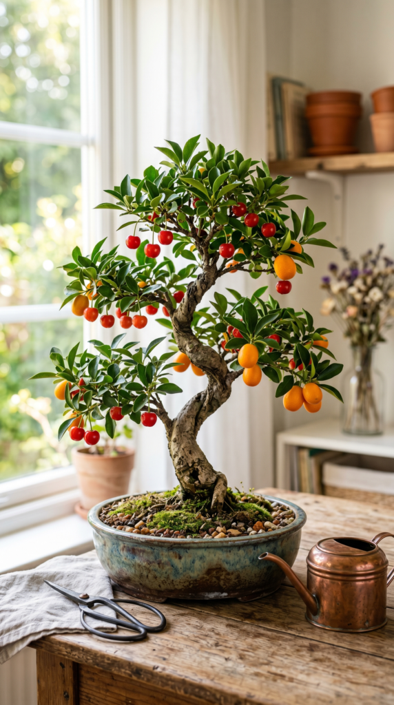 A bonsai tree with colorful fruits in red and orange, showcasing its unique beauty.