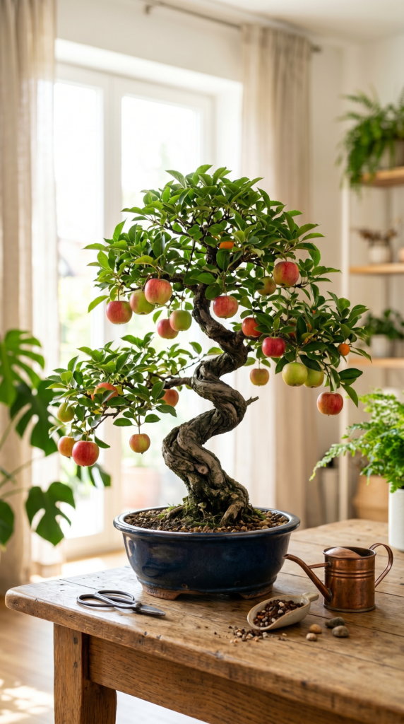 A bonsai tree with vibrant fruits, showcasing its artistic shape and healthy leaves.