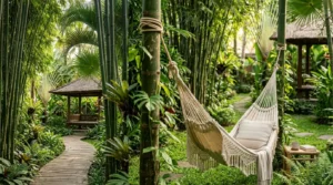 A peaceful bamboo garden design featuring multiple landscaping ideas such as pathways, seating areas, water features, and lush green bamboo creating a tranquil outdoor oasis.
