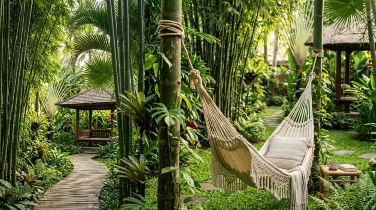 A peaceful bamboo garden design featuring multiple landscaping ideas such as pathways, seating areas, water features, and lush green bamboo creating a tranquil outdoor oasis.