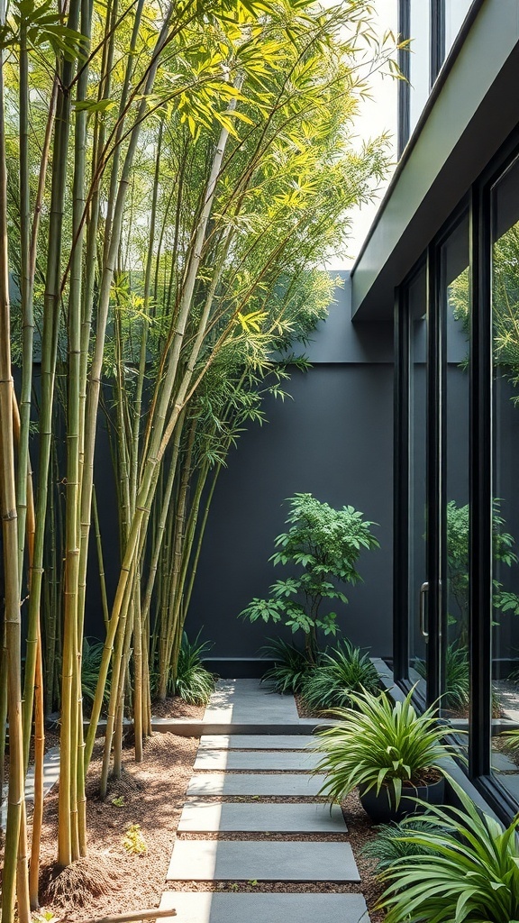 A serene bamboo garden with a pathway leading to a glass wall, surrounded by lush greenery.