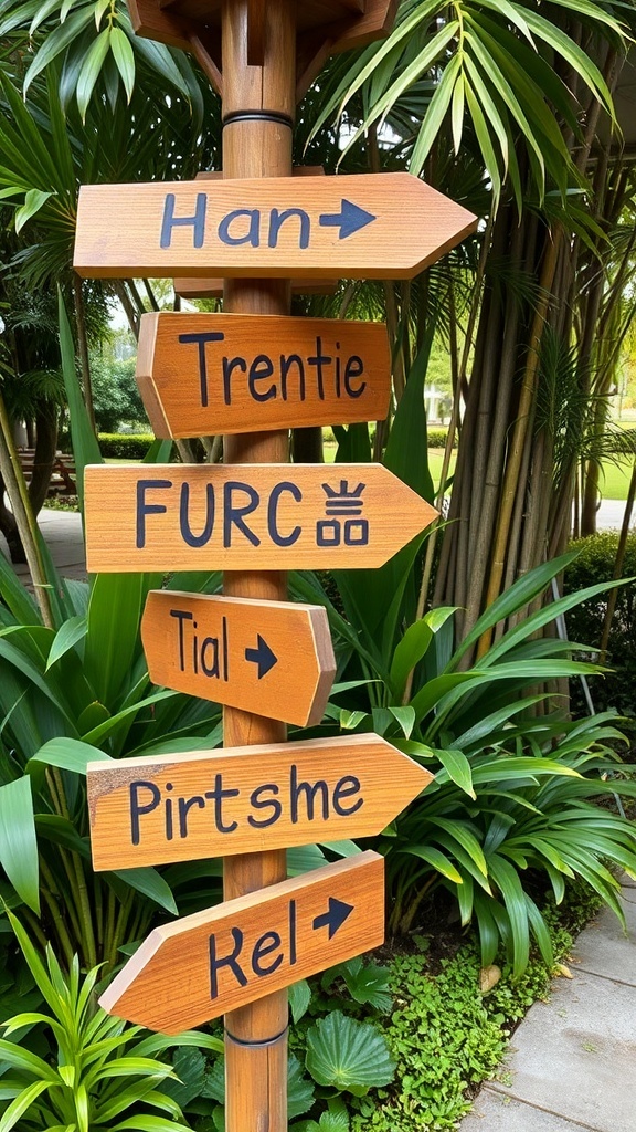Wooden signpost in a bamboo garden with arrows pointing to different locations.