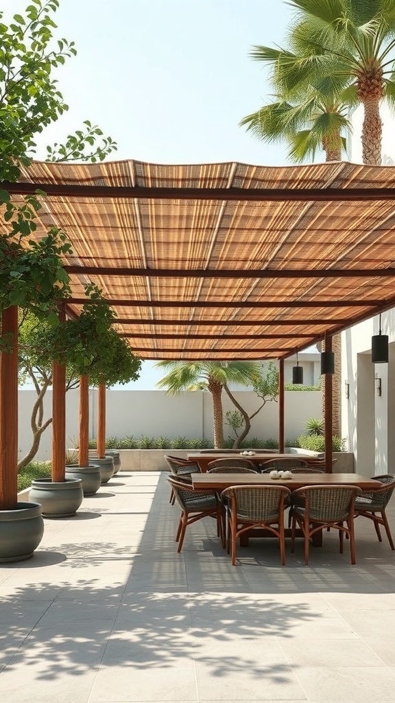 Bamboo shade structure in an outdoor garden with seating area