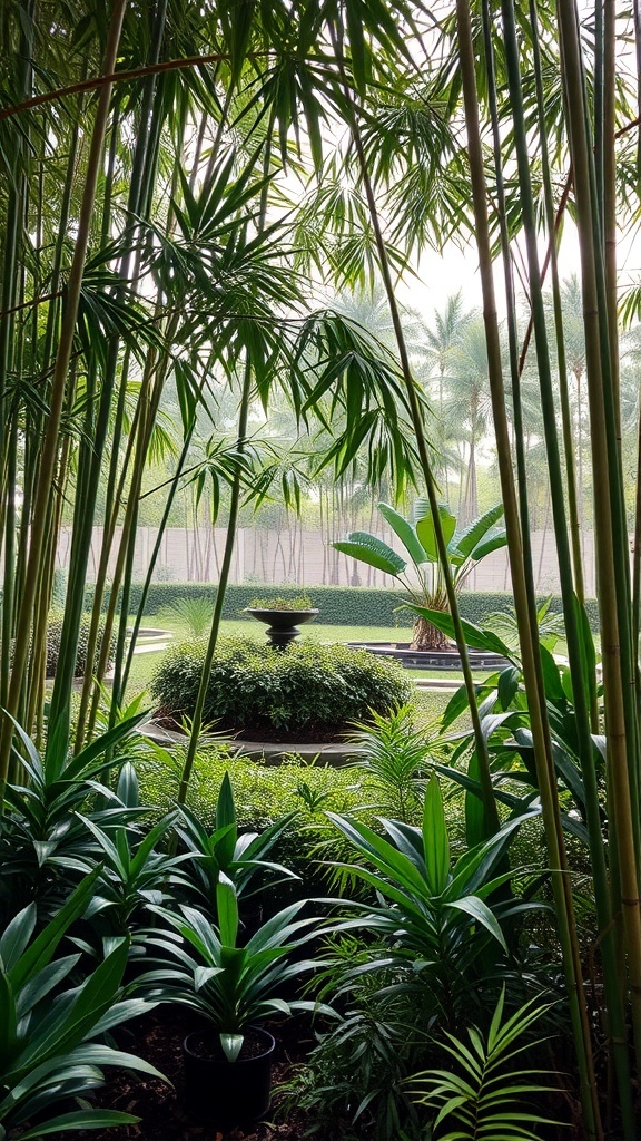 A lush bamboo garden with tall bamboo stalks and various shade plants underneath.