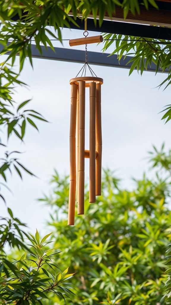 Bamboo wind chimes hanging among green bamboo leaves